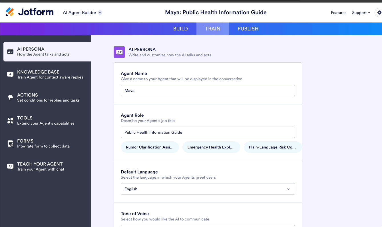 Defining the AI persona in Jotform: name, role, tone, language and voice
