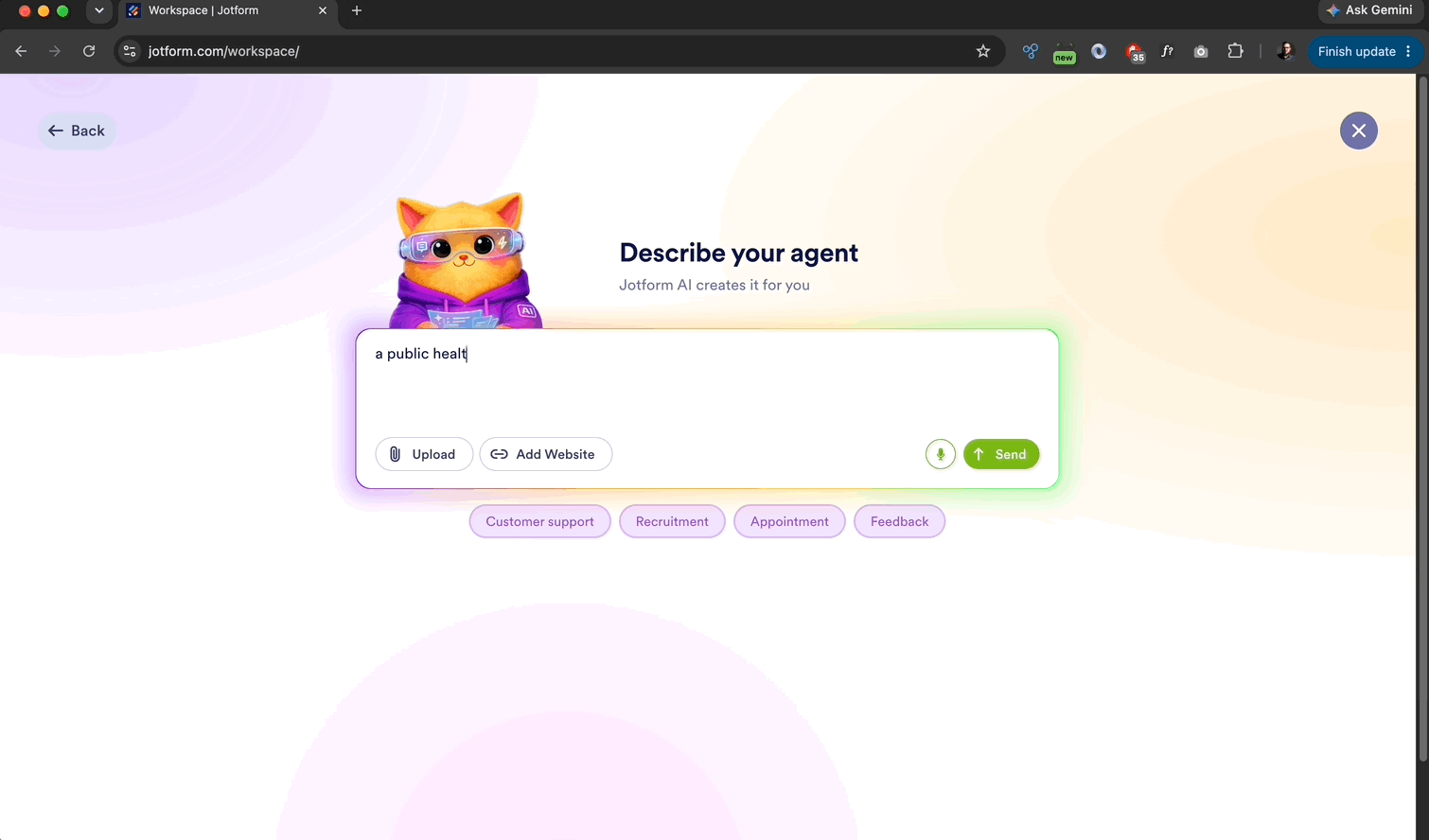 Getting started in Jotform: creating an account and describing your agent