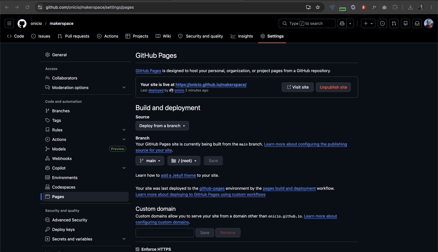 Visiting the live GitHub Pages site you just created