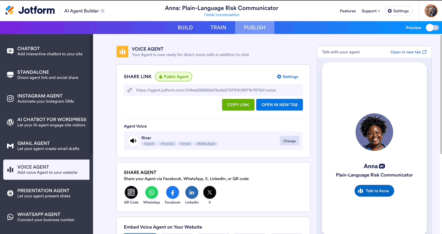 Seeing results, testing the agent, and exporting or sharing in Jotform